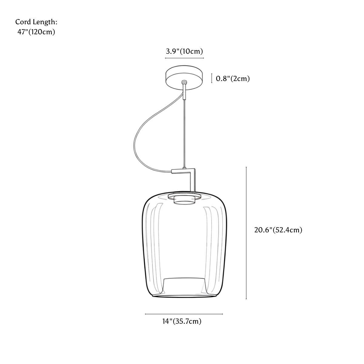 Clérachic pendant light dimension drawing, 35.7 cm, every measurement marked in centimetres and inches.