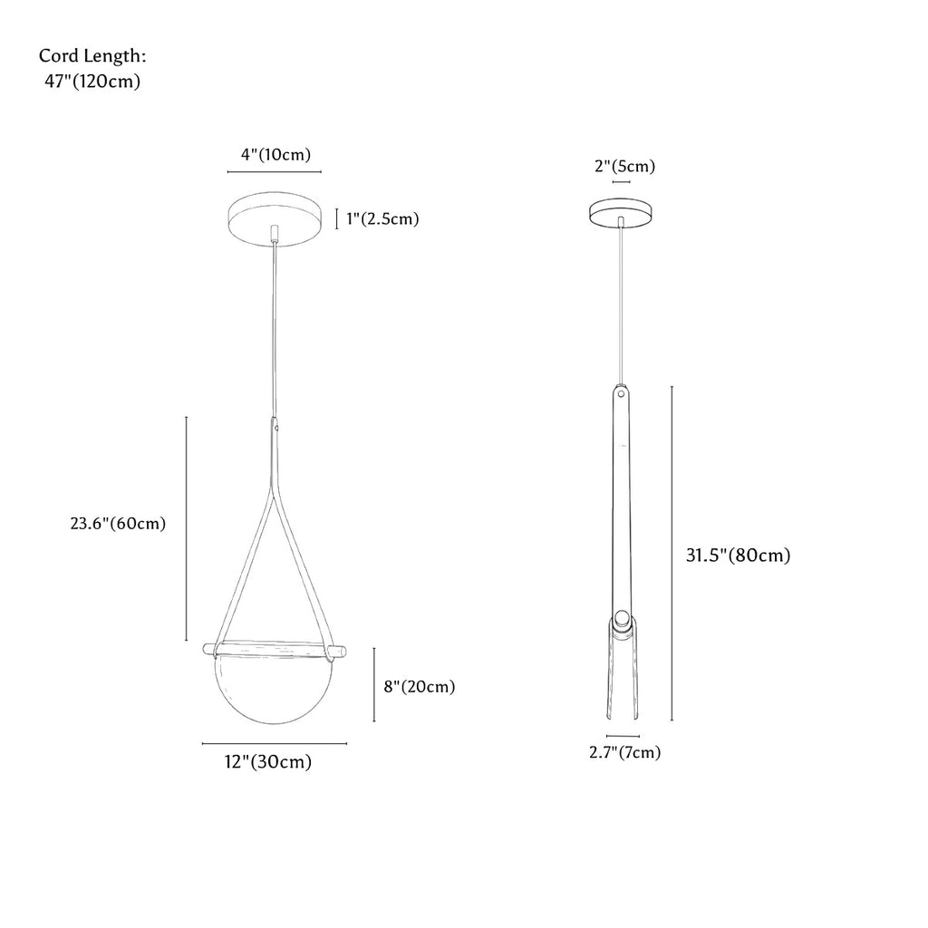 Clérachic pendant light dimension drawing, every measurement marked in centimetres and inches.