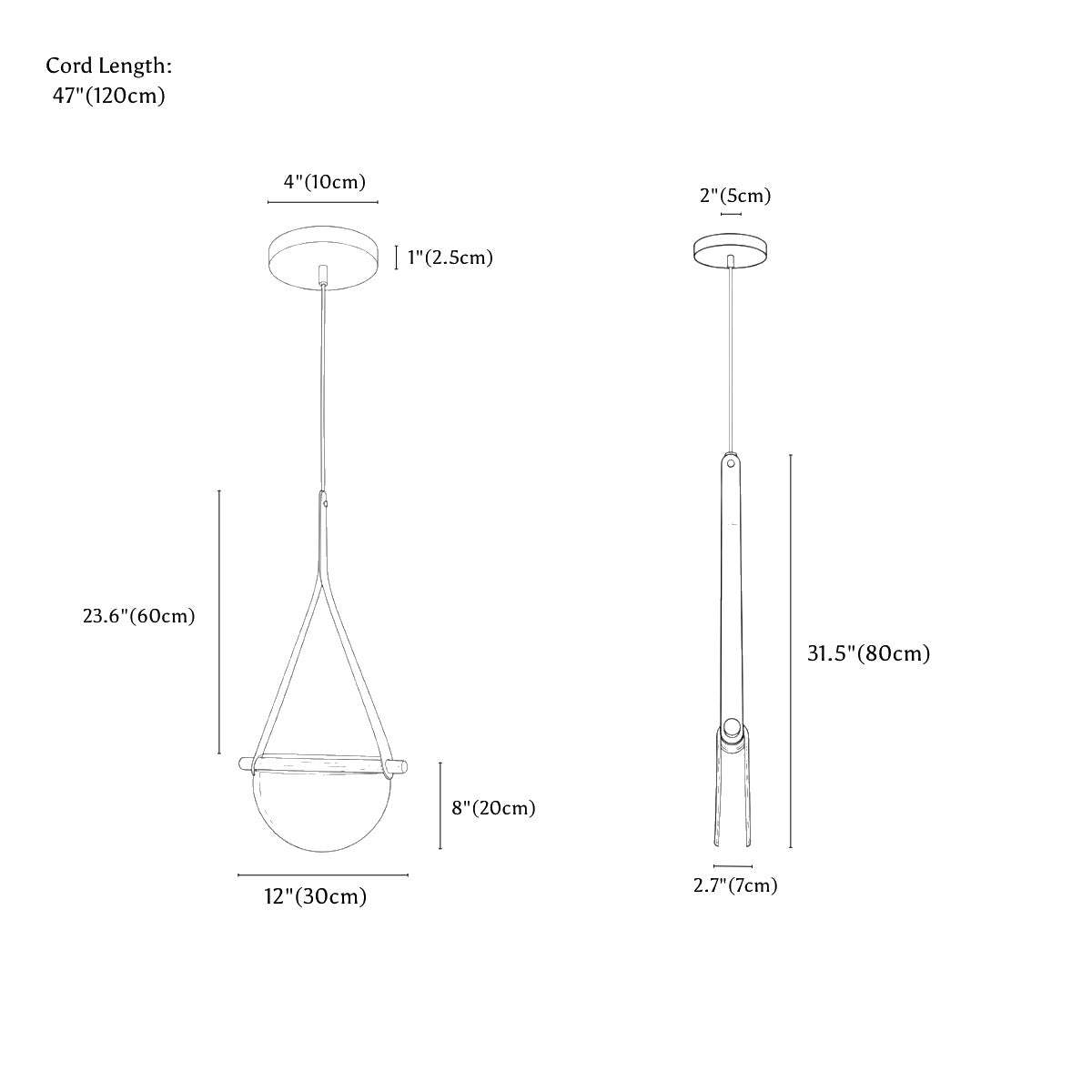 Clérachic pendant light dimension drawing, every measurement marked in centimetres and inches.