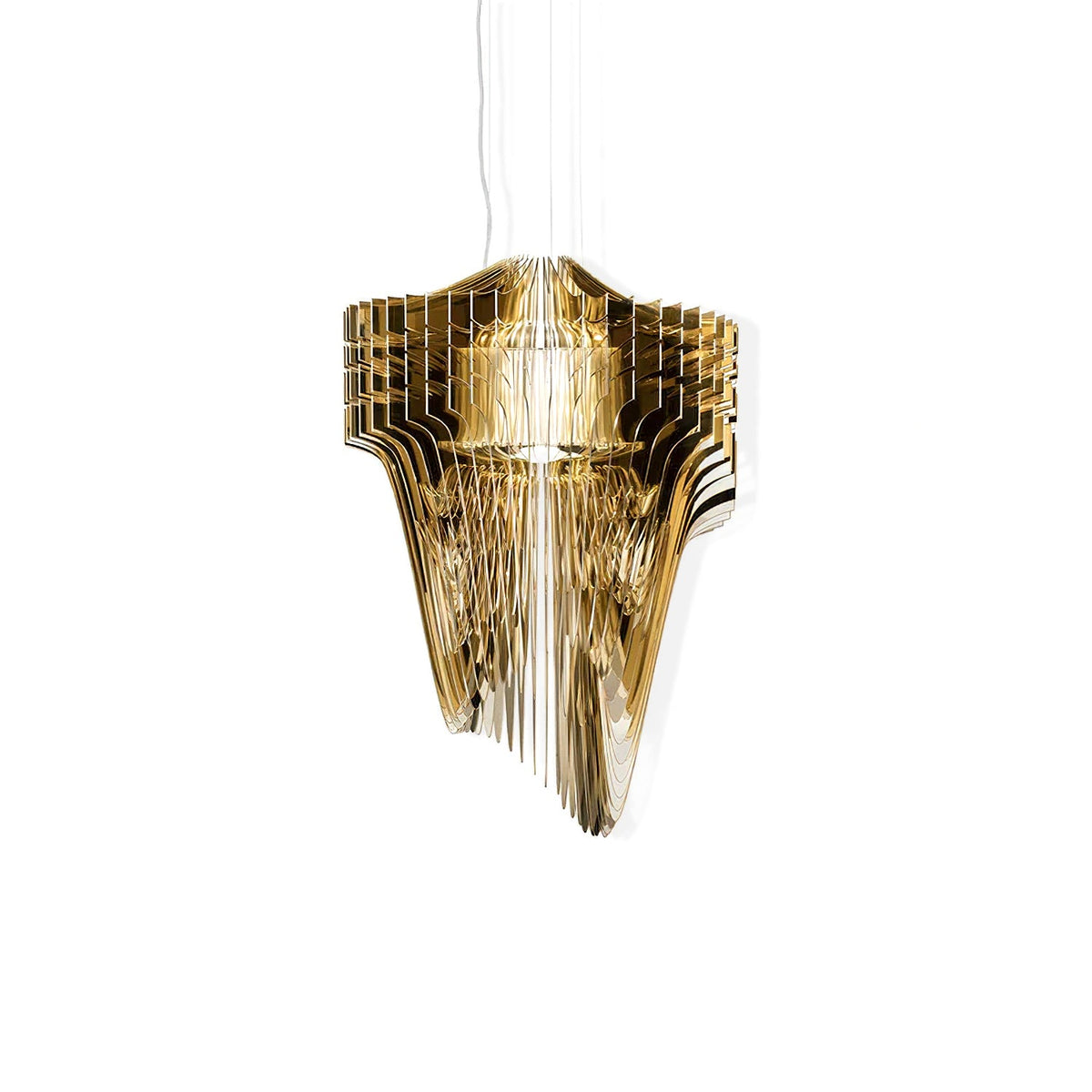 Front view of a Clérachic gold fringe pendant on thin wires, its layered fins fanning out from a lit central core on white.