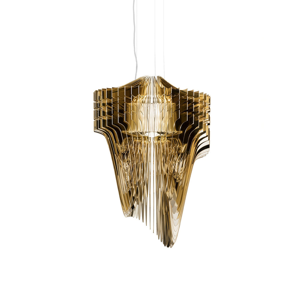 Straight-on view of a Clérachic gold fringe pendant on white, with the fins stacked tightly at the top and falling to a point.