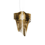Straight-on view of a Clérachic gold fringe pendant on white, with the fins stacked tightly at the top and falling to a point.