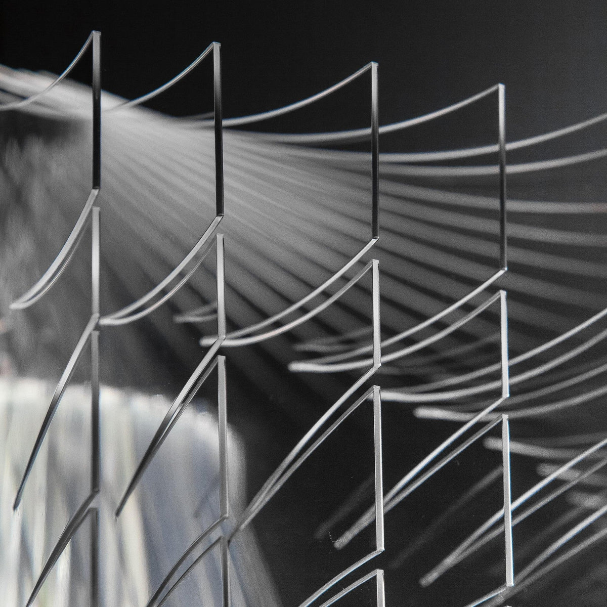 Close view of thin clear acrylic fins fanning out in curves on a Clérachic pendant, with soft light behind them.