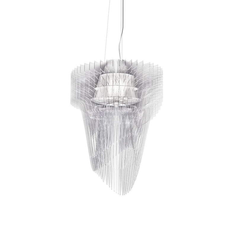 A Clérachic clear acrylic fringe pendant on thin cables, with a pale inner shade, on a plain white backdrop.