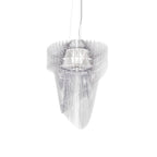A Clérachic clear acrylic fringe pendant on thin cables, with a pale inner shade, on a plain white backdrop.