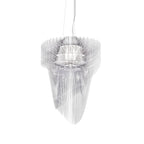 A Clérachic clear acrylic fringe pendant on white, seen from slightly below with its fins falling in long, fine strands.