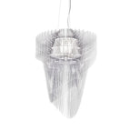 Side-on view of a clear acrylic fringe pendant from Clérachic with a ribbed inner shade, hung from three thin cables.