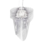 A larger Clérachic clear acrylic fringe pendant on white, its layered fins wide at the top and falling to a narrow point.