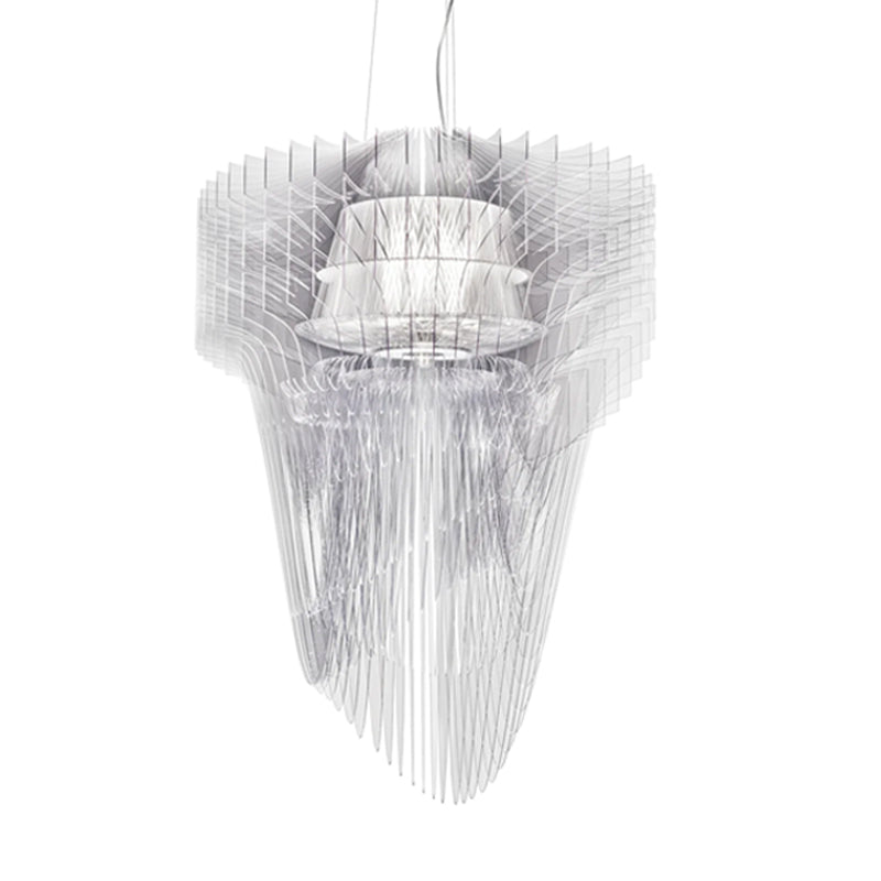 A larger Clérachic clear acrylic fringe pendant on white, its layered fins wide at the top and falling to a narrow point.