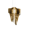 A Clérachic gold acrylic fringe pendant on three thin cables, its glossy fins layered round a pale inner shade, on white.