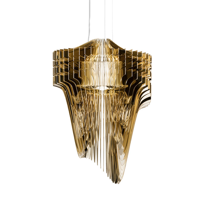 Close front view of a Clérachic gold fringe pendant on white, with bright fins layered in rings round its inner shade.