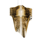 A gold fringe pendant from Clérachic, shown large on white with its layered fins fanning out at the top and falling in strands.