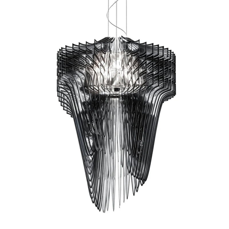 A larger Clérachic black acrylic fringe pendant on white, its fins stacked wide at the top and narrowing to a point.