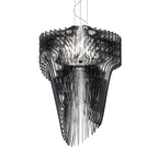 A larger Clérachic black acrylic fringe pendant on white, its fins stacked wide at the top and narrowing to a point.