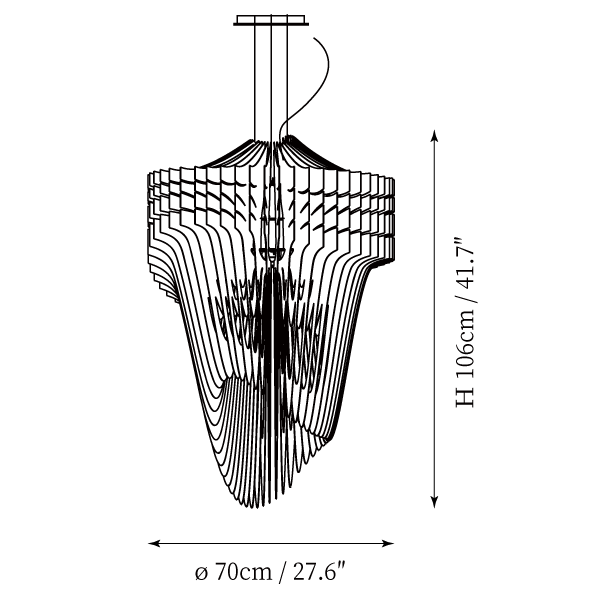 Clérachic pendant light dimension drawing, every measurement marked in centimetres and inches.