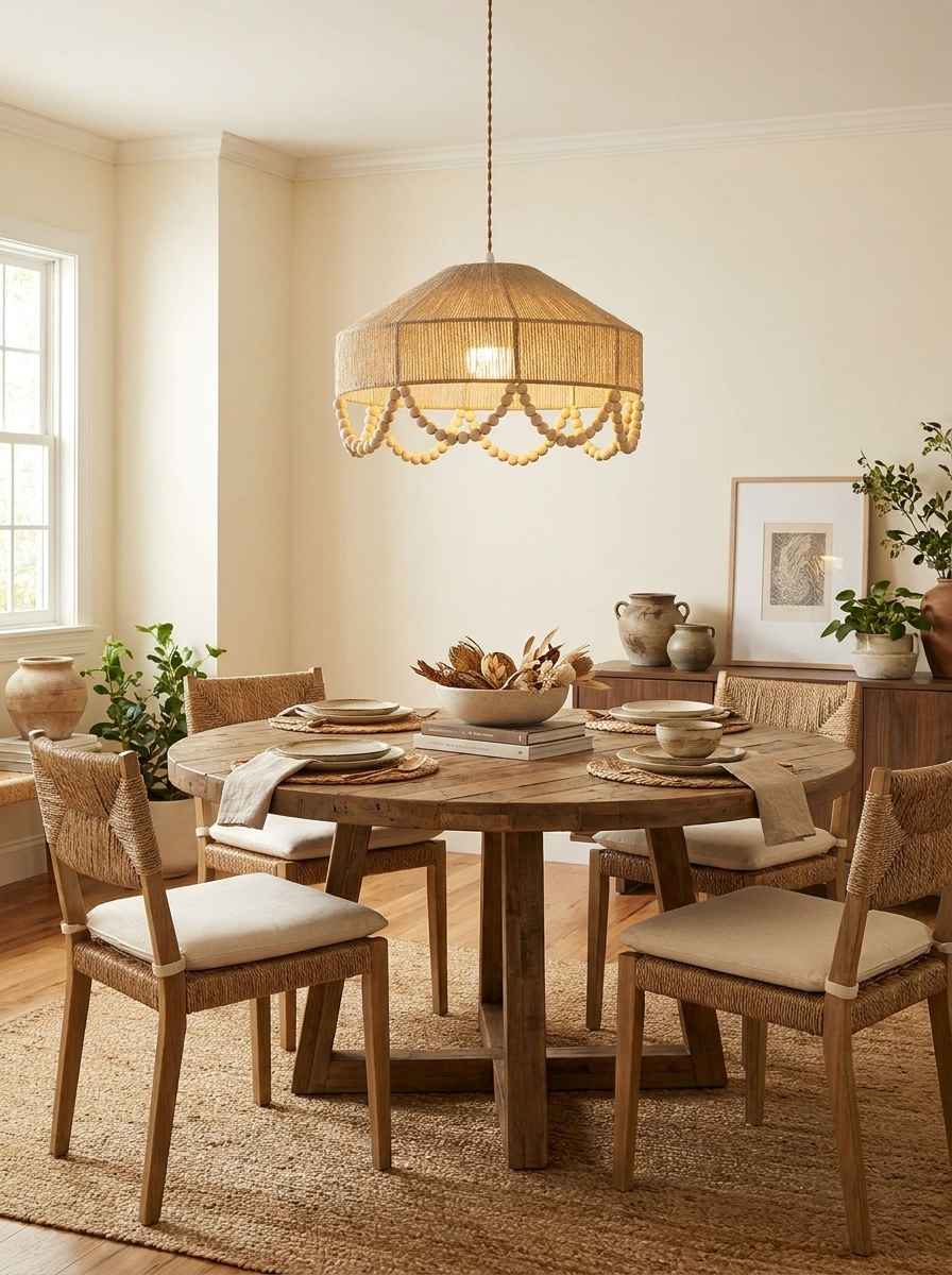 In a dining room with a round wood table and rattan chairs, this Clérachic pendant hangs lit above a jute rug.