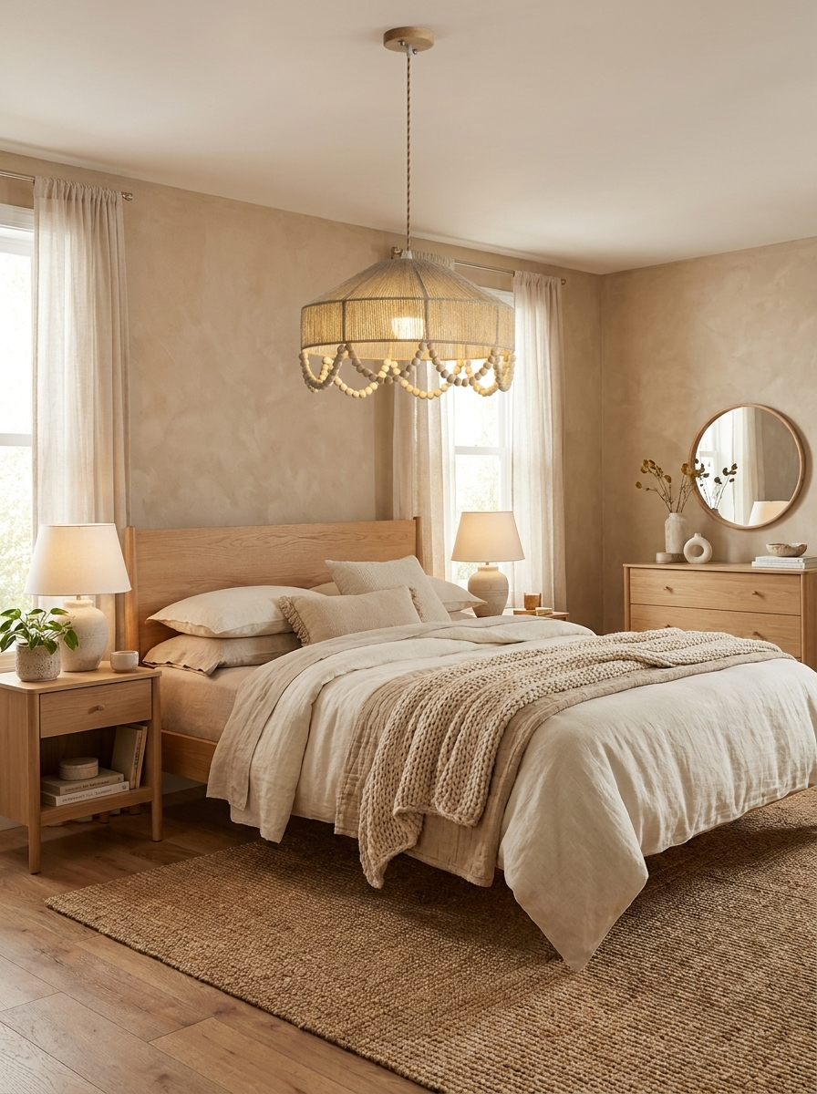 This Clérachic pendant hangs lit in a neutral bedroom corner, near a wood bed and matching side table.