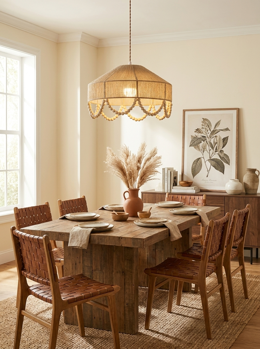 Set above a wood dining table with leather chairs and a sideboard behind, this Clérachic pendant glows warm.