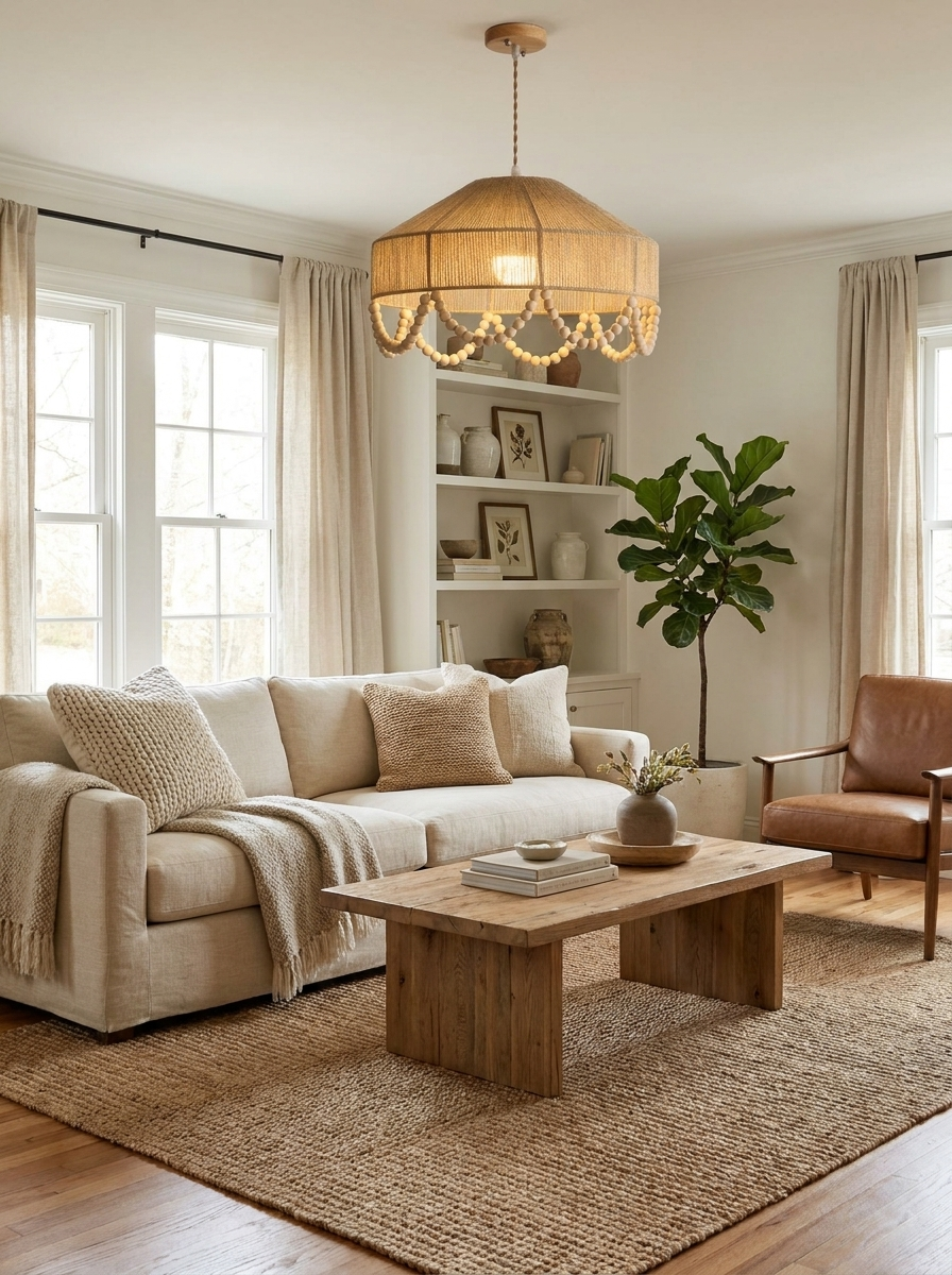 In a living room with a linen sofa and built-in shelving, this Clérachic pendant glows above a wood coffee table.