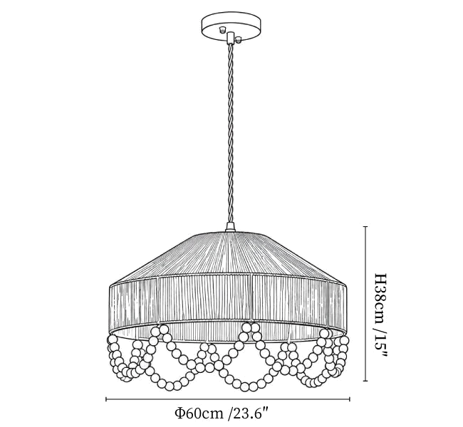 Clérachic pendant light dimension drawing, every measurement marked in centimetres and inches.