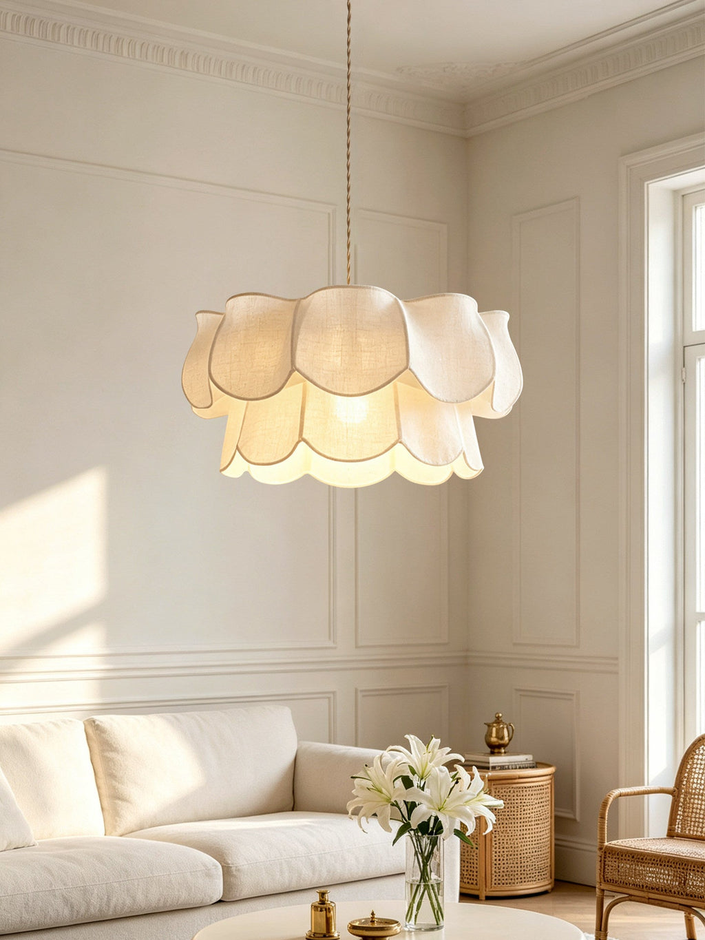 In a beige living room corner, this Clérachic pendant's fabric petals hang near a vase of white lilies.
