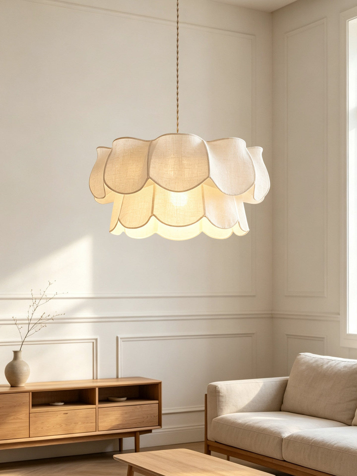 Linen petals on this Clérachic pendant glow warmly above a wooden sideboard in a panelled living room.