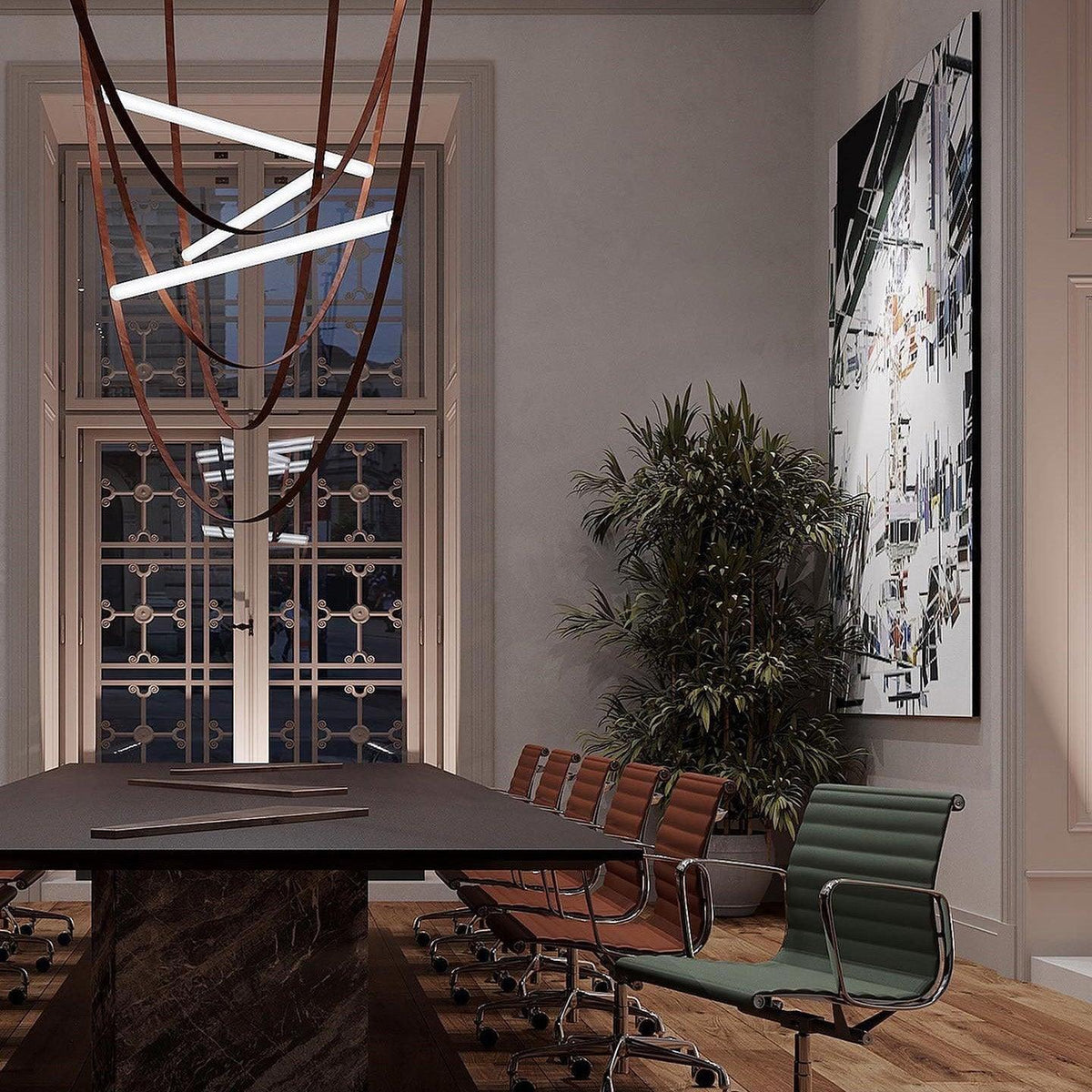 Several light bars on dark and tan leather loops, this Clérachic pendant seen through tall lattice windows in a meeting room.