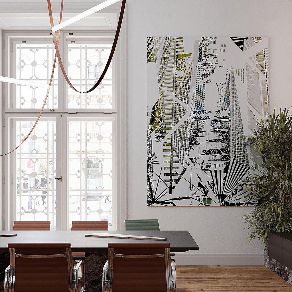 A Clérachic pendant with light bars on dark leather loops, hung beside a large window in a meeting room with a monochrome artwork.