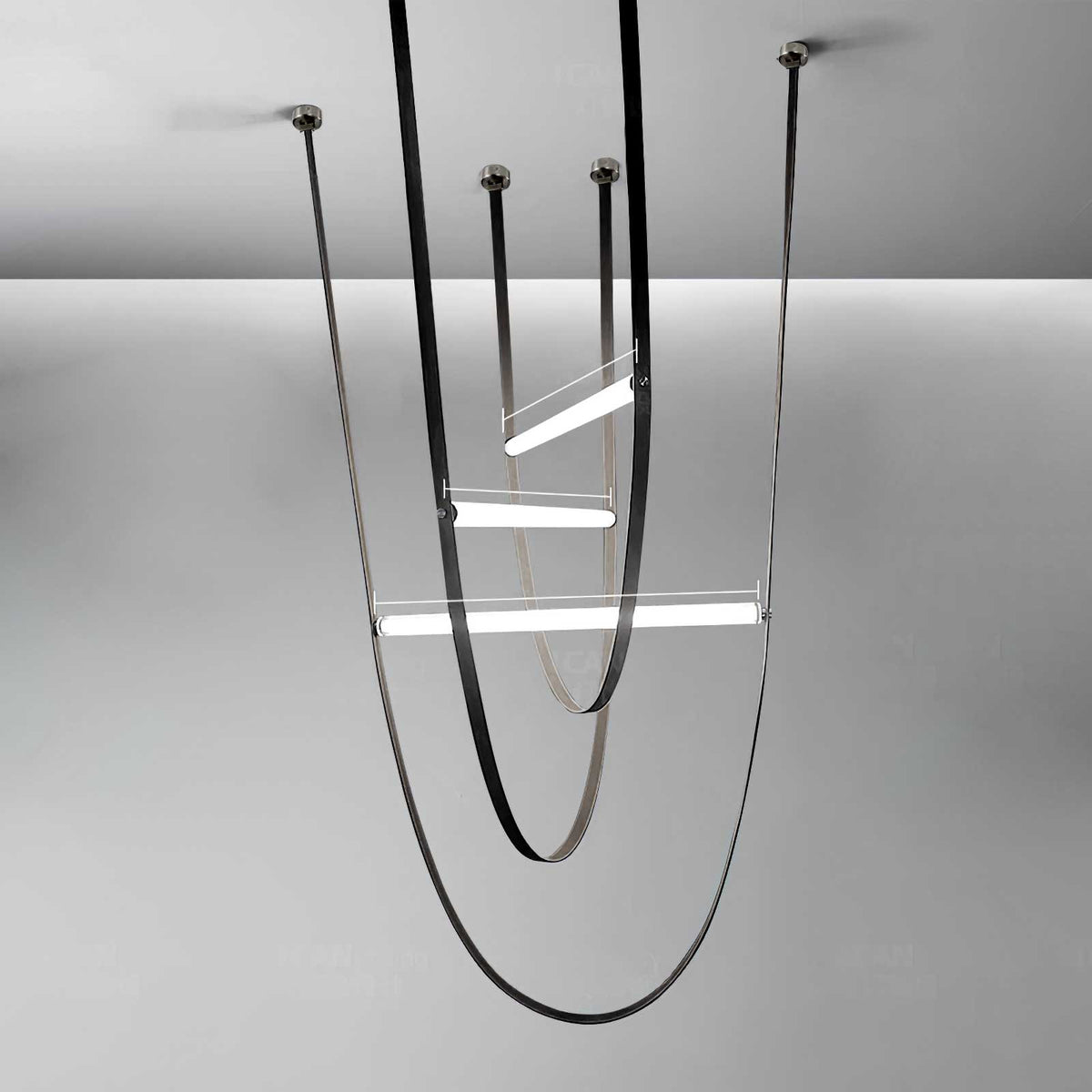 Render of this Clérachic pendant with dark leather loops, black canopy plates and three lit bars of different lengths on a grey backdrop.
