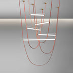 Five-bar render of this Clérachic pendant in copper-toned leather, with brass canopies and bars at staggered heights on grey.