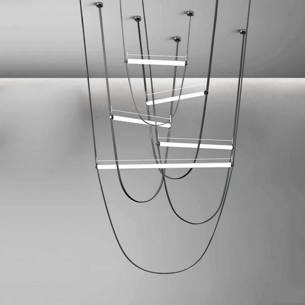 A grey-toned five-bar render of this Clérachic pendant, with narrow loops and dark canopy plates on a plain backdrop.