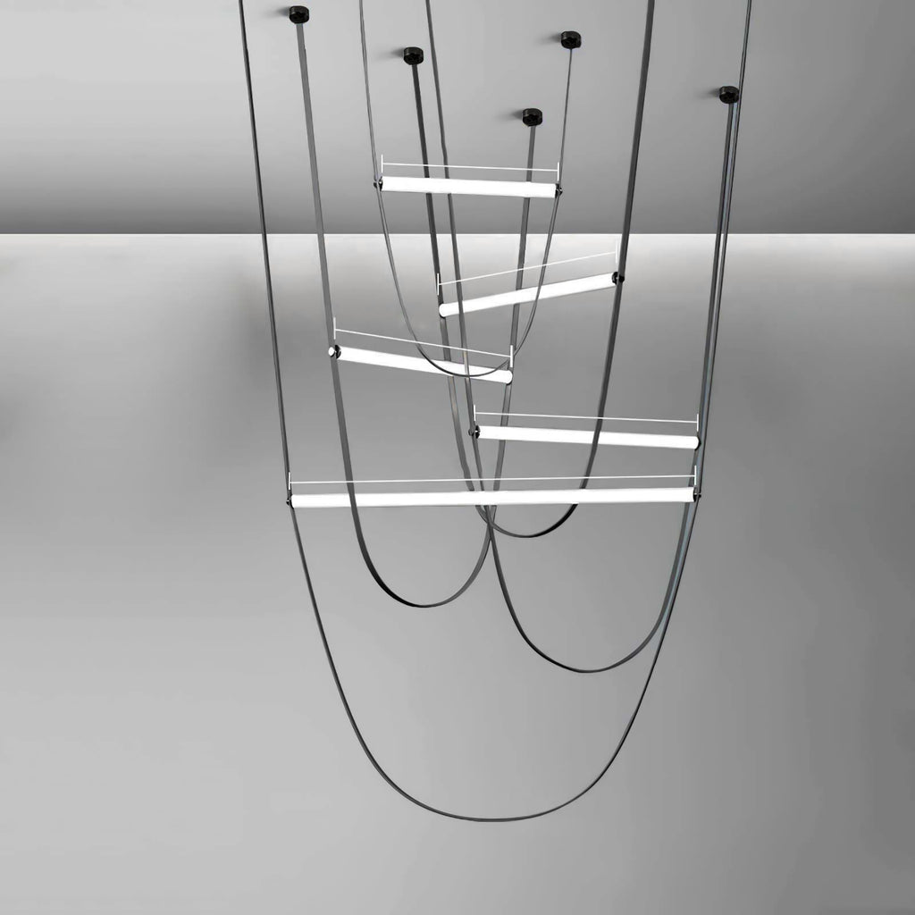 Five lit bars on black leather loops with black canopy plates, rendered for this Clérachic pendant on a grey backdrop.
