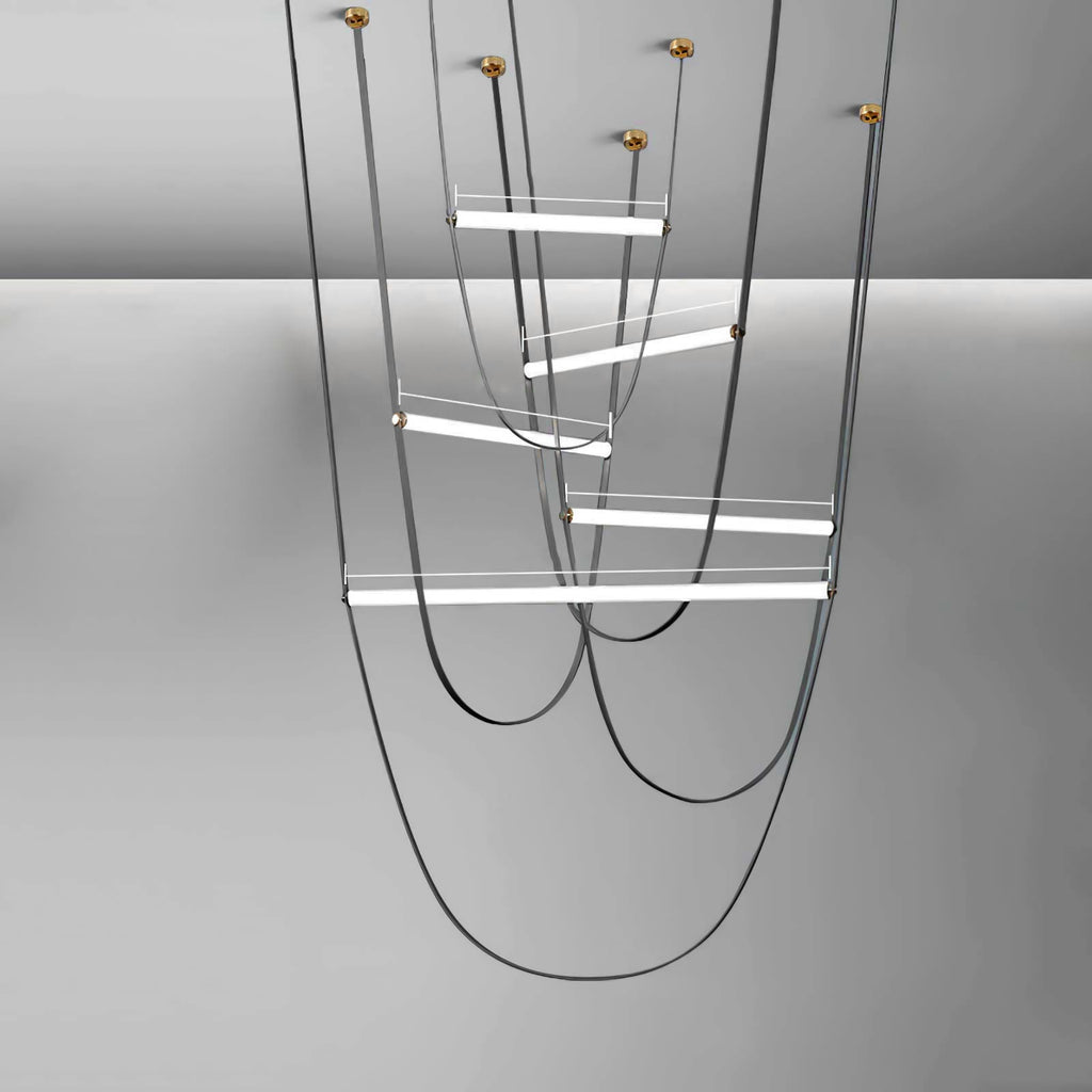 Render of this Clérachic pendant in black leather with brass canopy plates and five lit bars at staggered heights.