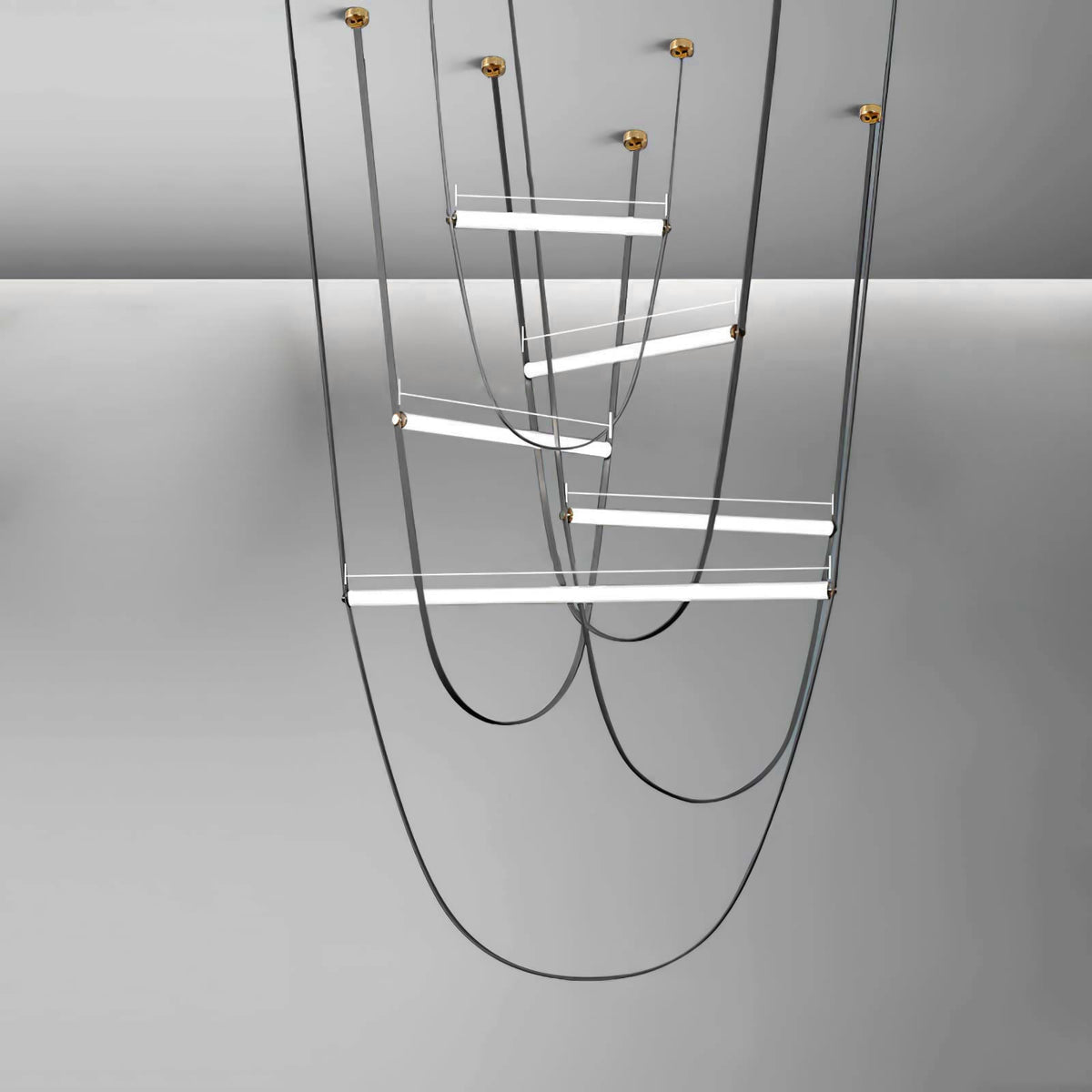 Render of this Clérachic pendant in black leather with brass canopy plates and five lit bars at staggered heights.