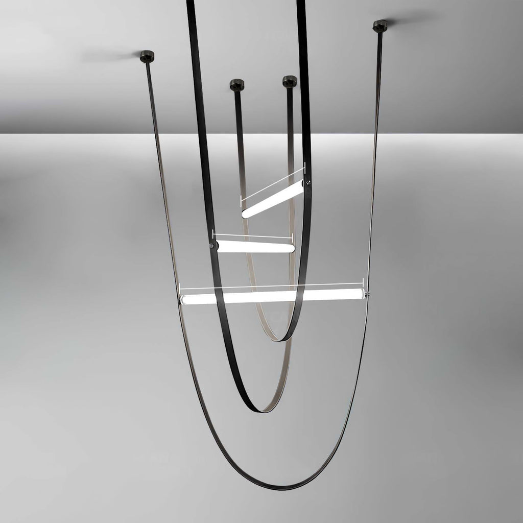 Three black leather loops with black canopies and lit bars of different lengths, rendered on a grey backdrop for this Clérachic pendant.