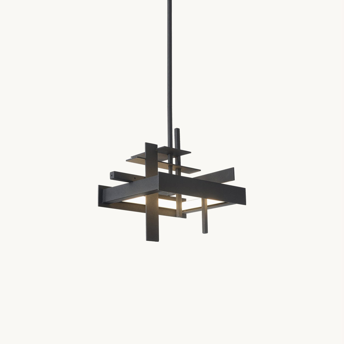 On a plain white backdrop, a compact matte black Clérachic pendant with stacked flat bars forms a geometric frame, lit softly from within.