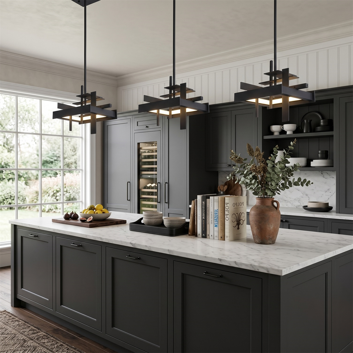 Three matte black geometric Clérachic pendants hang in a row above a marble-topped kitchen island with charcoal cabinets.