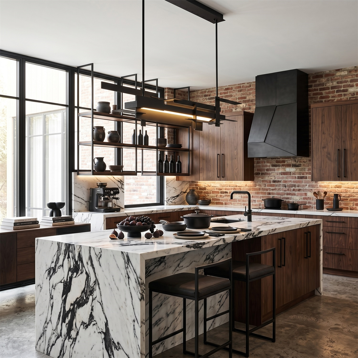A linear black Clérachic pendant with layered bars hangs above a marble kitchen island, with exposed brick and open shelving behind.