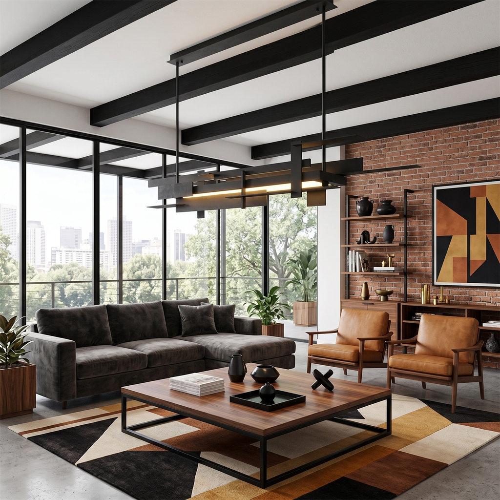 A black linear Clérachic pendant hangs between dark ceiling beams above a living room with a brick wall and a tan leather armchair.