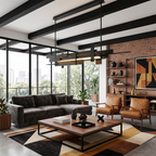 A black linear Clérachic pendant hangs between dark ceiling beams above a living room with a brick wall and a tan leather armchair.