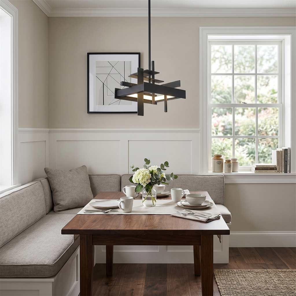 A small matte black geometric Clérachic pendant hangs above a wooden breakfast table with a corner bench and a window behind.