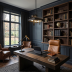 A compact black Clérachic pendant hangs in a dark-panelled study with built-in shelves, a wooden desk and a tan leather chair.