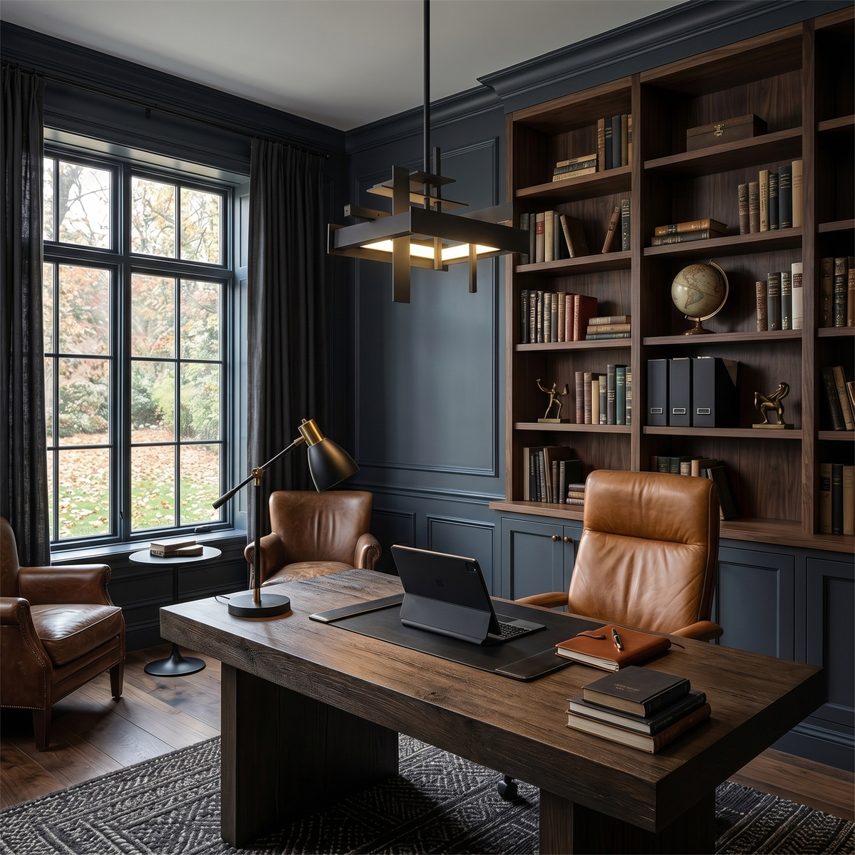 A compact black Clérachic pendant hangs in a dark-panelled study with built-in shelves, a wooden desk and a tan leather chair.