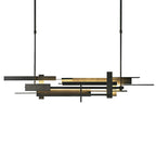 Straight-on view of a long dark Clérachic pendant with layered, offset bars and two hanging rods, glowing warm along the underside.