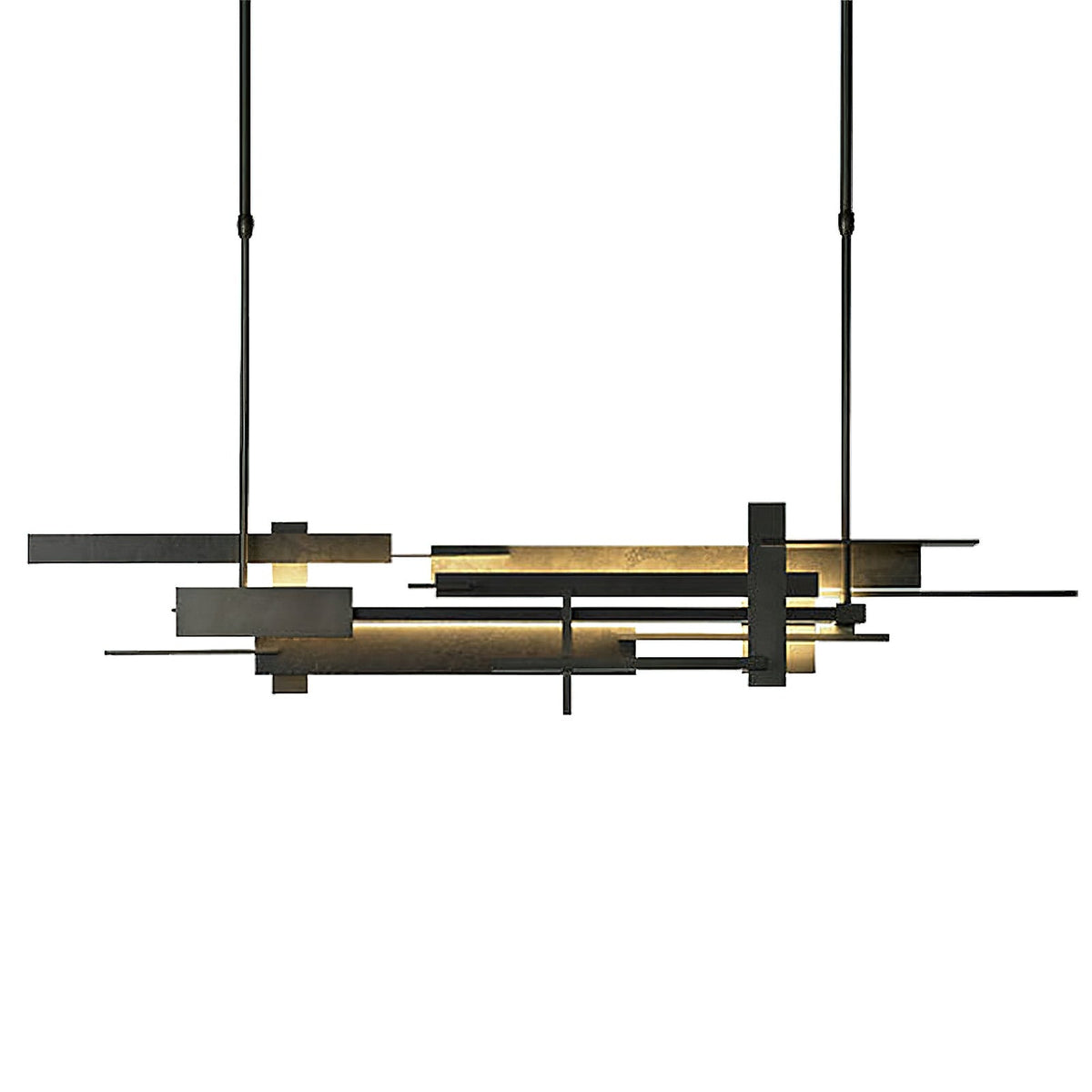 Straight-on view of a long dark Clérachic pendant with layered, offset bars and two hanging rods, glowing warm along the underside.
