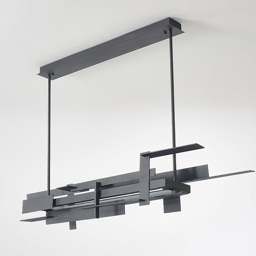 Unlit, a long matte black Clérachic pendant shows its stacked flat bars, two hanging rods and a rectangular ceiling bar on a pale backdrop.