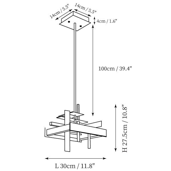 Clérachic pendant light dimension drawing, 1 of 2, every measurement marked in centimetres and inches.