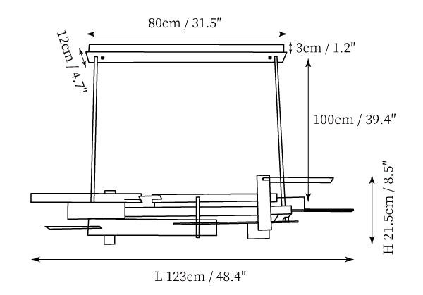 Clérachic pendant light dimension drawing, 2 of 2, every measurement marked in centimetres and inches.