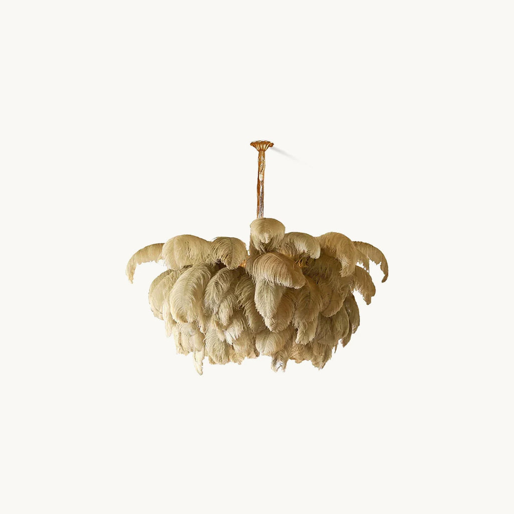 Small natural-toned feather chandelier from Clérachic centred on a pale plain backdrop, its brass stem reaching up out of frame.