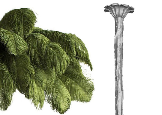 Swatch of moss-green ostrich feathers beside the silver-finish stem and ceiling cup of this Clérachic chandelier.